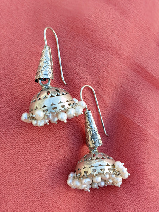 Jaya -Sterling Silver Jhumka with pearl accents, Lightweight Handcrafted Indian Jhumka earring