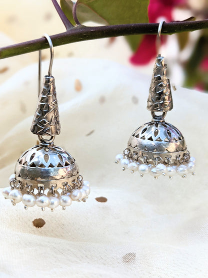Jaya -Sterling Silver Jhumka with pearl accents, Lightweight Handcrafted Indian Jhumka earring