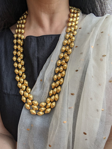 Triple layer Gold polish  Silver Dholki bead necklace