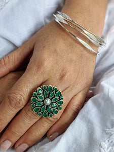 Green Zirconia floral adjustable ring