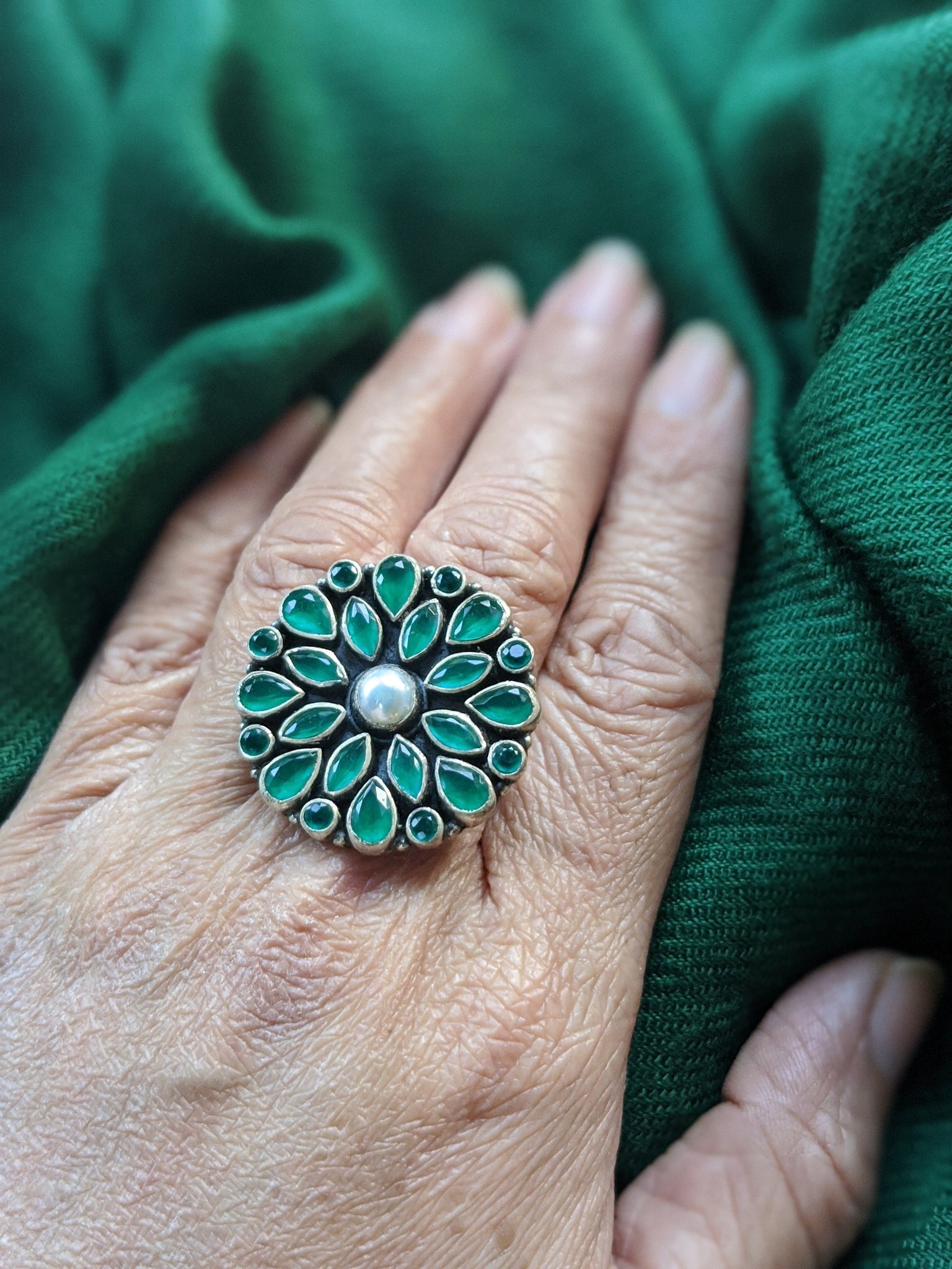 Green Zirconia floral adjustable ring