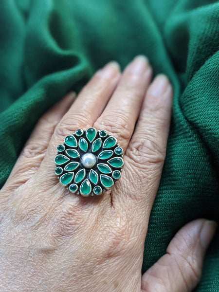 Green Zirconia floral adjustable ring