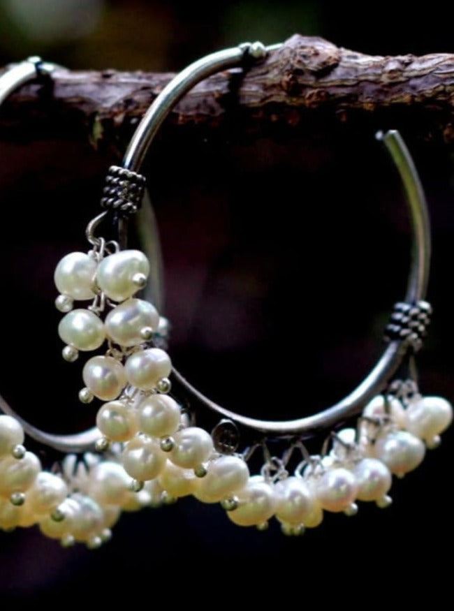 925 Sterling Silver classic Pearl Hoop, Indian Silver Hoop earring