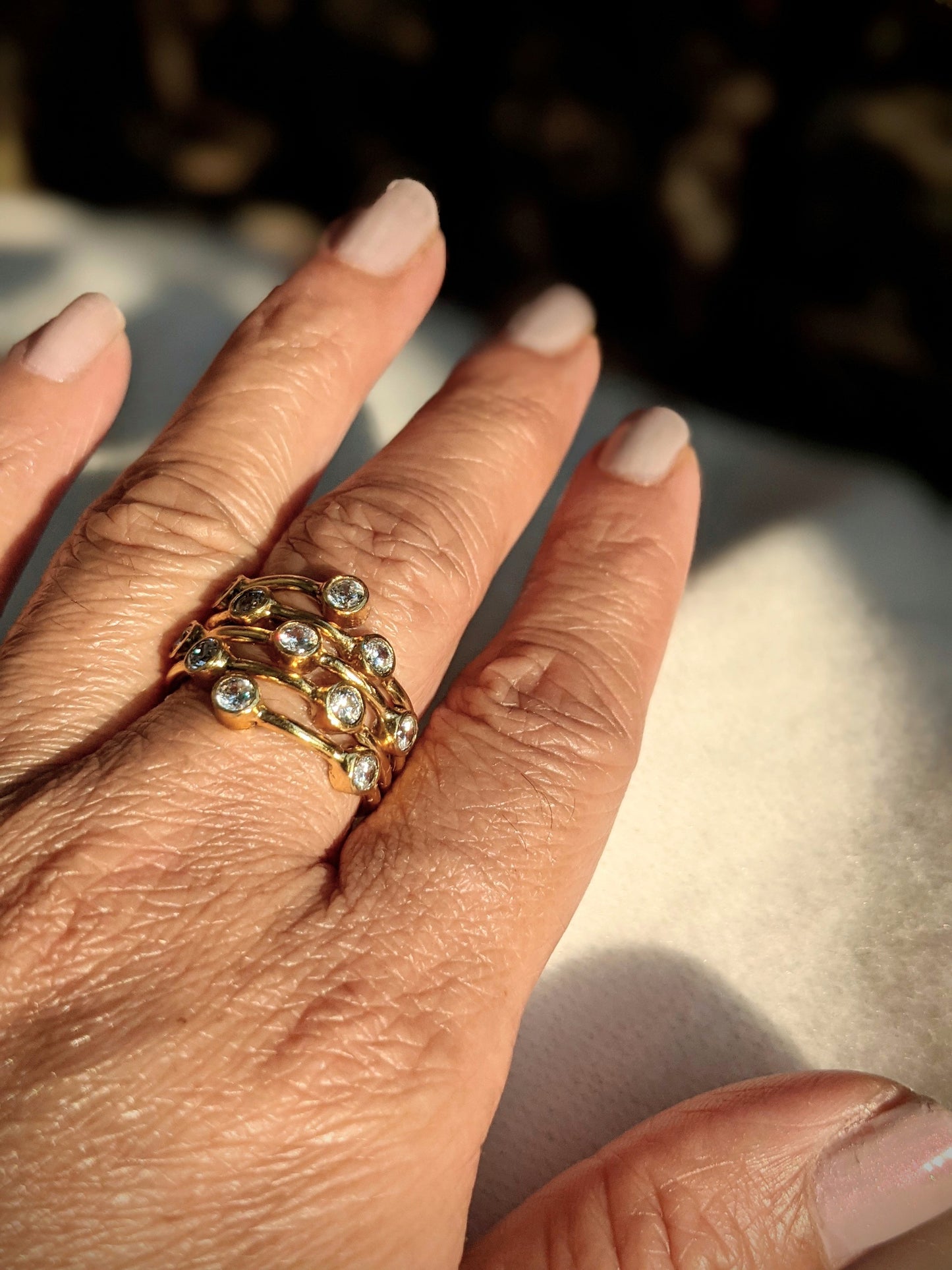 Gold Plated Sterling Silver Multi Band Ring with Cubic Zirconia Stones, Faux Stacked Ring