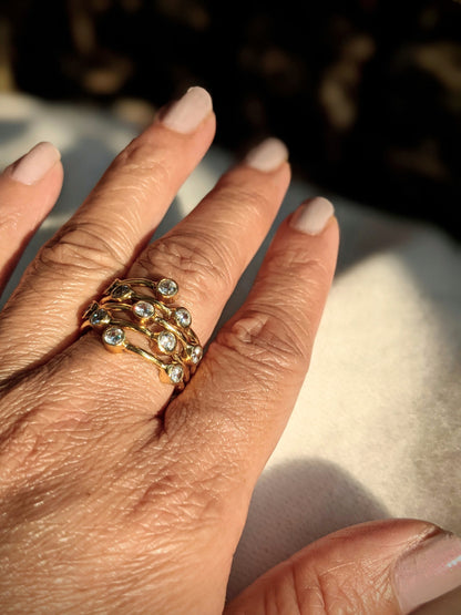 Gold Plated Sterling Silver Multi Band Ring with Cubic Zirconia Stones, Faux Stacked Ring