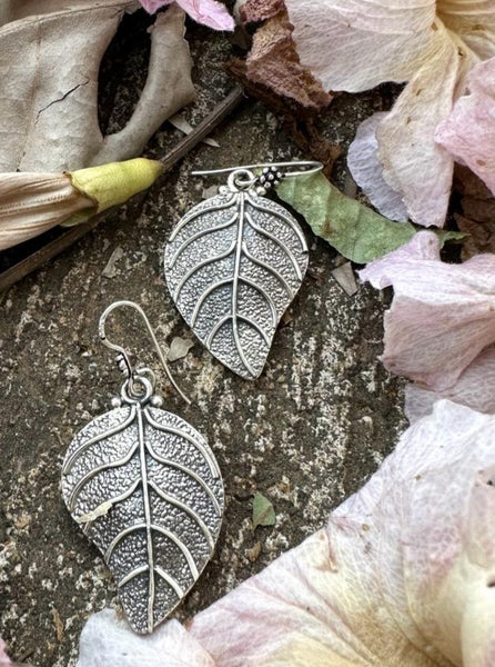 Etched finish leaf earring, oxidised silver leaf earring