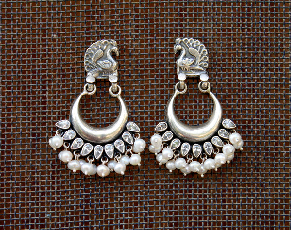 Temple Style Crescent Shaped Pearl and Ruby sterling silver earring