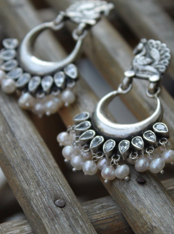 Temple Style Crescent Shaped Pearl and Ruby sterling silver earring