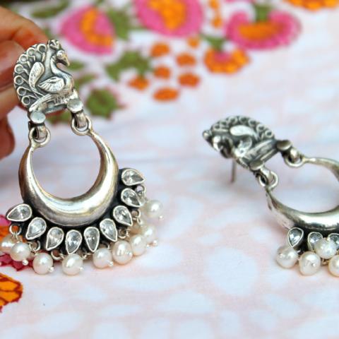 Temple Style Crescent Shaped Pearl and Ruby sterling silver earring