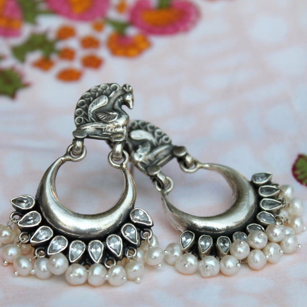 Temple Style Crescent Shaped Pearl and Ruby sterling silver earring