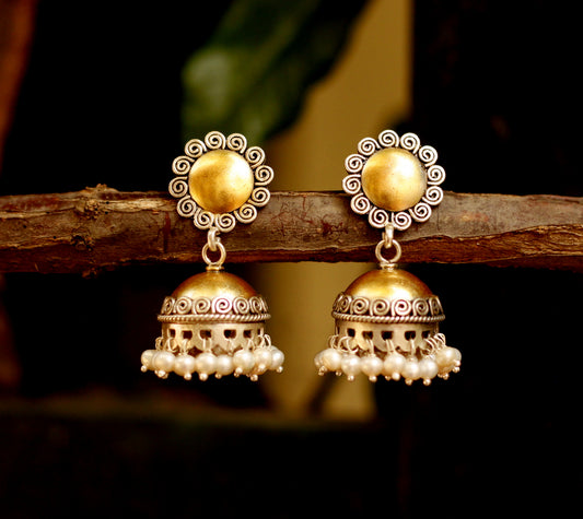 Dual Tone Gold and Silver Jhumki with pearl, Silver Jhumka, Faded gold finish