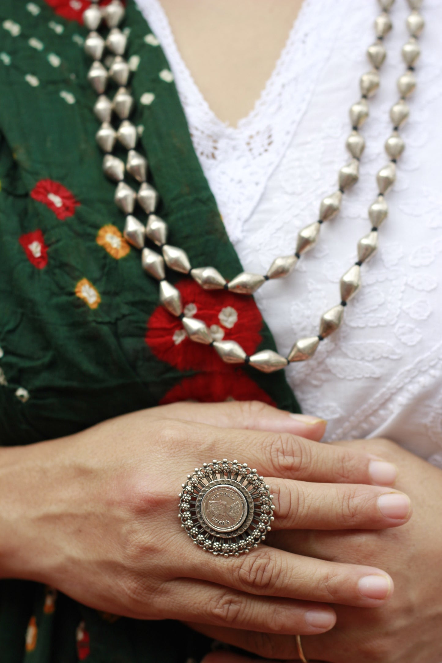 Double layer silver dholki necklace, Bormala