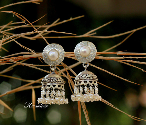 White enamel and pearl pure silver jhumki