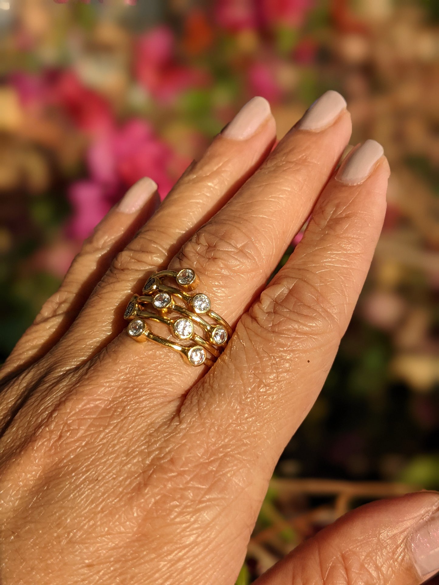 Gold Plated Sterling Silver Multi Band Ring with Cubic Zirconia Stones, Faux Stacked Ring